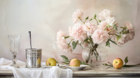 a stunning still life painting featuring a beautiful arrangement of carnation flowers, a patterned metal baking sheet, and a glass brandy glass. the composition is enhanced by the presence of plaster the birth of venus sculpture in the background. the painting showcases a loose and expressive style with soft tones, multiple layers, and glazes. the overall effect is a captivating and harmonious piece of art.の素材