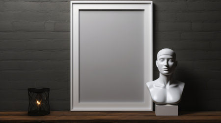 blank white portrait-orientation picture frame with white canvas hanging on brick wall with drop lights. dark gray and black, confycore, handsome, clay mann, thriftcore. ai generatedの素材