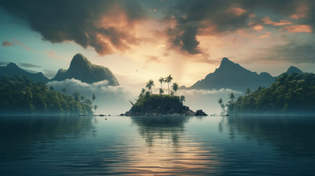 an exotic fantasy landscape captured by tom chambers, showcasing a breathtaking island surrounded by water and majestic mountains. this high-resolution image in 8k resolution features soft gradients, creating a moody and atmospheric ambiance. with its captivating beauty, this picture is perfect for a lightbox display, transporting viewers to an enchanting and exotic world. ai generatedの素材