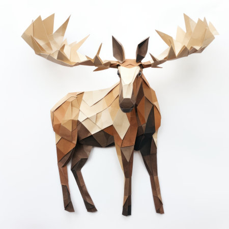 a moose wall art featuring an origami-inspired design made from a combination of paper and wooden materials. this unique piece showcases a large white moose in a tabletop photography style, with light brown and dark amber tones. the artwork captures the moose's naturalistic features through flat shading and multilayered surfaces, embodying a post-minimalist approach to wildlife muralism. ai generatedの素材