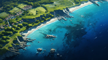 aerial view of a serene coastal community landscape on a mediterranean island. the photo captures the beauty of bamboo bushes, rocks, and the mesmerizing blue-green water. the color palette, reminiscent of monet's style, is natural and pastel, creating a tranquil and picturesque scene. ai generatedの素材