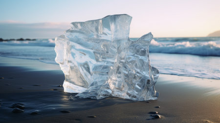 an ice floe, captured by tom wnerstrand, is showcased in this stunning uhd image. the photo depicts the ice floe resting on a rocky shore, with its sculptural form and translucent layers beautifully highlighted. with an 8k resolution, this image showcases the intricate details and transparent layers of the ice floe. ai generatedの素材