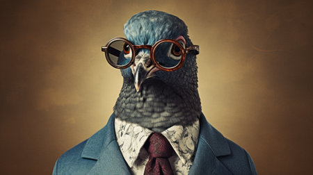 blue bird wearing glasses and sitting on a blue suit, captured in a photographically detailed portrait. this conceptual portraiture showcases elements of pigeoncore, with explosive wildlife and muted tones. the surrealism of the image is enhanced by the candid shot of the famous figure, creating a historically accurate and visually captivating composition. ai generatedの素材