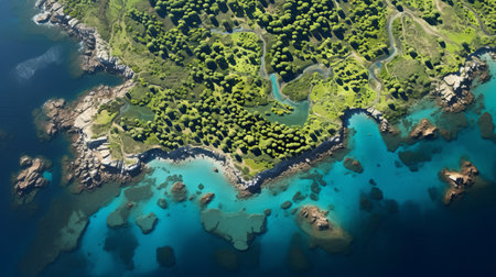 coastal community landscape on a mediterranean island, viewed from an airplane. bamboo bushes and rocks adorn the scene, while the water captivates with its stunning blue-green hue. the color palette, reminiscent of monet's style, is natural and pastel, creating a serene and picturesque ambiance. ai generatedの素材