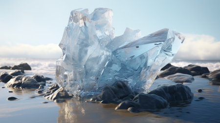 a 3d render of translucent icing covering a beach with rocks, showcasing a frozen movement. this realistic and detailed rendering, inspired by the style of john chamberlain, features a sculpted appearance with light indigo hues. created using cryengine, the image captures the immersive beauty of the icy scene. ai generatedの素材