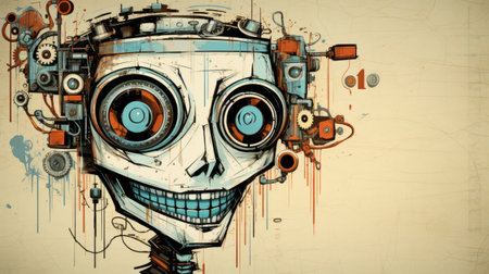 artistic skeleton background wallpaper on etsy featuring futuristic robots in the style of jim mahfood. the design incorporates dark orange and light aquamarine colors, with caricature faces inspired by artur bordalo's work. the artwork showcases realistic hyper-detail, reminiscent of patrick brown's style. ai generatedの素材