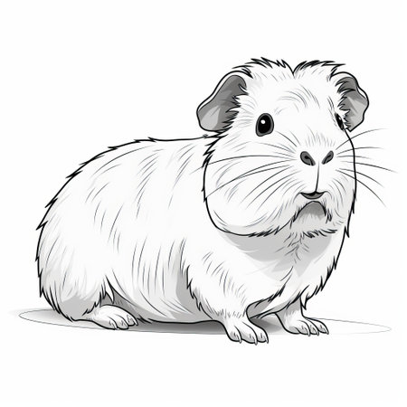a guinea cartoon is depicted on a white background in the style of black and white realism. the artwork showcases elegant inking techniques reminiscent of charles spencelayh's work. this kawaii illustration combines hyper-realistic animal features with a low resolution aesthetic, adding a touch of whimsy to the overall composition. ai generatedの素材