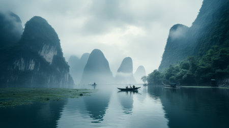 a large river flows peacefully, adorned with boats gracefully gliding around a majestic mountain. this enchanting scene captures the essence of gauzy atmospheric landscapes, reminiscent of ancient chinese art. the image, captured using schlieren photography, showcases stunning uhd quality and is bathed in atmospheric blues. a captivating associated press photo that evokes a sense of nostalgic romanticism. ai generatedの素材