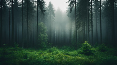 a mossy forest enveloped in fog, featuring lush green trees reminiscent of mikko lagerstedt's style. this synthetism-inspired scene showcases the beauty of environmentalism, with its dark green and cyan hues. the lively nature scenes serve as spectacular backdrops, creating a moody and atmospheric ambiance. ai generatedの素材