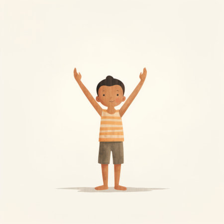 a cartoon turban boy is depicted in this charming character illustration, standing with his hands in the air. the artwork showcases muted and subtle tones, giving it a realistic and lifelike accuracy. the style of the illustration resembles storybook illustrations, with a touch of solarizing master technique. the boy's turban adds an idealized native american element to the overall composition. ai generatedの素材