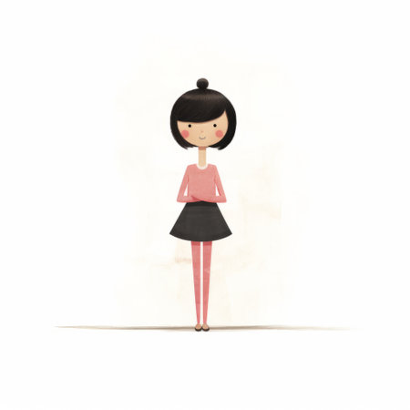 a girl cartoon illustration by gordon horta featuring a minimalistic japanese style with dark beige and pink tones. the illustration showcases delicate watercolor details in light red and dark black. the isolated figures are depicted in high resolution, creating a visually captivating illustration. ai generatedの素材