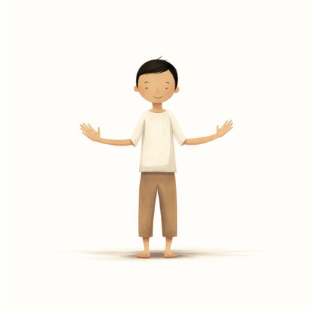a white cartoon character, in the style of oriental minimalism, is depicted holding his hand on his chest. the character is portrayed with light brown, realistic lifelike figures, reminiscent of children's book illustrations. the use of forced perspective adds depth to the traditional vietnamese-inspired artwork, showcasing a unique presentation of the human form. ai generatedの素材
