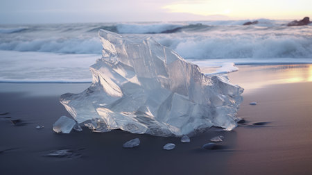 a rock on the beach, rendered in cinema4d, showcases translucent resin waves in frostpunk style. the combination of dark white and light azure hues creates a captivating contrast. translucent planes add depth to the photorealistic pastiche, beautifully rendered in maya. ai generatedの素材