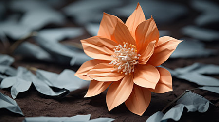 a red paper flower, with exquisite craftsmanship and meticulous detailing, sits on the earth surrounded by numerous leaves. the photo showcases the style of light orange and dark aquamarine, creating a visually appealing contrast. the hard surface modeling technique adds depth to the image. captured using the rodenstock imagon 300mm f58 lens, the colors of light orange and dark gray are beautifully highlighted. ai generatedの素材