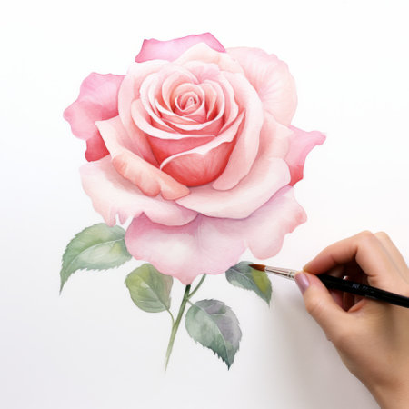 a watercolor rose, hand-drawn in the style of painting and writing tools, stands out against a white background. this realistic figurative painting by lilia alvarado showcases dark pink and light pink hues in an eye-catching composition. the elaborate details of the sketch rose art make it a captivating piece. ai generatedの素材