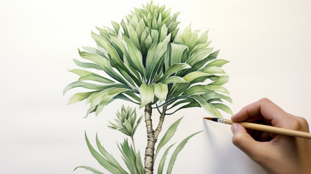 a hand meticulously sketches palm trees using a pencil, creating a botanical watercolor-inspired artwork. the detailed foliage showcases hard edge painting techniques, while a brunaille underpainting adds depth. the intricate foliage is brought to life with thick layers of paint and heavy shading. ai generatedの素材