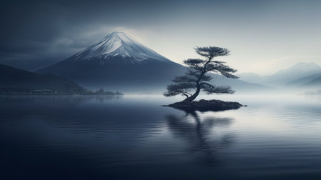 a lone tree stands atop a serene lake, encircled by majestic mountains, evoking a japanese-inspired ambiance. this moody and tranquil scene captures the essence of nature, with its dark, white, and blue hues. the photo, in 8k resolution, showcases layered imagery that subtly conveys irony. a captivating shot worthy of national geographic. ai generatedの素材