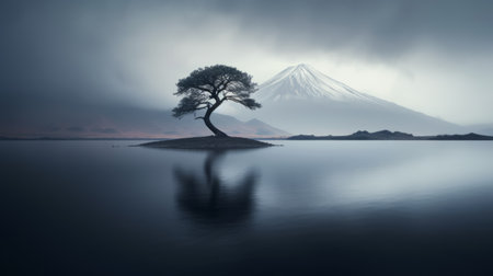 a lone tree stands on the shore, with a majestic mountain as its backdrop. this minimalistic japanese-inspired photograph captures the essence of layered and atmospheric landscapes. the fluid photography style adds depth to the image, creating a serene and tranquil atmosphere. with its high quality and captivating composition, this national geographic photo showcases the beauty of nature in dark cyan and silver tones. ai generatedの素材