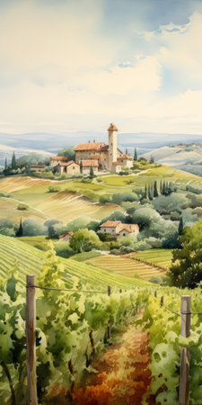 a watercolor painting of a vineyard with a wooden fence and the countryside, showcasing precise and detailed architecture in the style of italian renaissance revival. the curvilinear lines and windows vista add depth to the composition, while the soft color fields create a serene atmosphere. this high-resolution artwork captures the essence of mingei craftsmanship. ai generatedの素材