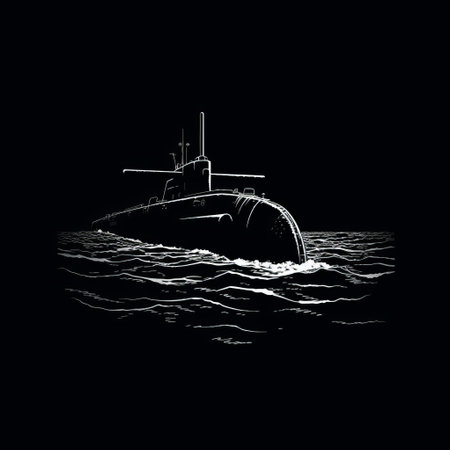 the side silhouette of a submarine is depicted in this flat, black and white illustration. against a solid black background, the submarine is outlined using minimalistic lines, creating a distinct and recognizable shape. the absence of shading or gradients emphasizes the stark contrast between black and white, enhancing the simplicity and clarity of the image. ai generatedの素材