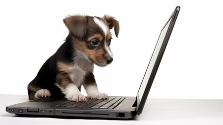 a small black and brown dog sits on a laptop keyboard in this contact printing-style photo. the image features elements of babycore, with sharp perspective angles and a text-based theme. shot at iso 200, the color palette consists of light navy and white, captured with a 20-megapixel camera. ai generatedの素材