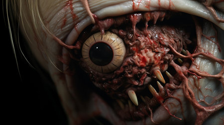 open eye scene: this photo captures a hyper-detailed and realistic rendering of an open eye, showcasing the nightmarish creatures within. shot with a canon eos 5d mark iv, the close-up image showcases the smilecore and bombacore elements, with a focus on realistic forms. ai generatedの素材