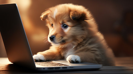 brown dog sitting next to an old laptop on a table, captured in the style of miki asai, babycore, and magali villeneuve. this website features a high-definition image that showcases the repetitive, cute, and dreamy aesthetic. ai generatedの素材