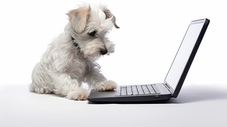 a small dog energetically playing with a laptop on a white surface. this distinct framing, reminiscent of an associated press photo, captures the playful interaction. the innovative page design by max weber enhances the visual appeal. the white background contrasts with the spiky mounds, creating an intriguing composition. the ivory tones add a touch of elegance to the scene. ai generatedの素材