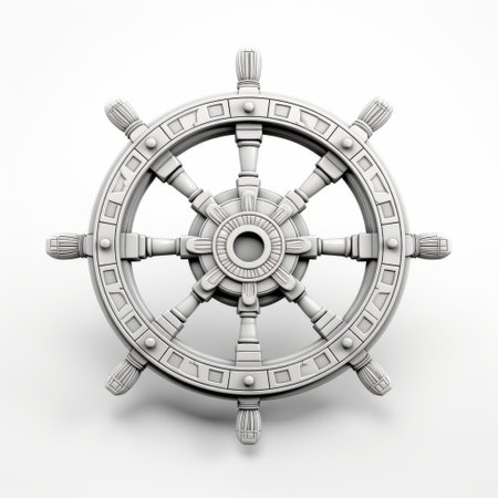 3d printed ship wheel featuring ornamental details and embellishments, rendered in cinema4d. the great ships-inspired design stands out against a white background, creating a matte photo effect. the ship wheel showcases a high-key lighting technique, enhancing its silver finish. ai generatedの素材