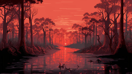 an illustration of an old swamp at dusk, featuring a captivating evening sky. created in the distinctive style of dan mumford, the artwork showcases a combination of light crimson and silver tones. the flat backgrounds enhance the focus on the australian landscape, while the tightly composed scenes and the influence of james jean's art add depth and intrigue. rtx on. ai generatedの素材