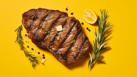 steak cooked in an oven with rosemary and garlic on a vibrant yellow background. this bold and iconic image showcases the handcrafted beauty of the dish. the paleocore-inspired style with bold curves and quadratura elements adds a unique touch. created in the spirit of kuno veeber's bold images, this photo captures the essence of a deliciously prepared steak. ai generatedの素材