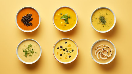 colorful vegetable soup dish on a vibrant yellow background, showcasing tonal variations in color. this snapshot aesthetic captures the essence of color photography pioneers. the dish features a delightful combination of light orange and dark navy hues, complemented by light yellow and light white accents. the multiple styles blend harmoniously, with touches of light gray and amber adding depth to the composition. ai generatedの素材