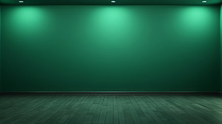 a green room with a dark hardwood floor is illuminated by a spotlight in this 3d render image by stock foto. the room is designed in the style of the zaire school of popular painting, featuring a large-scale minimalist aesthetic with a dark teal color scheme. the matte photo captures the abstract minimalism appreciated by fans of edward poynter, showcasing a smooth surface. ai generatedの素材