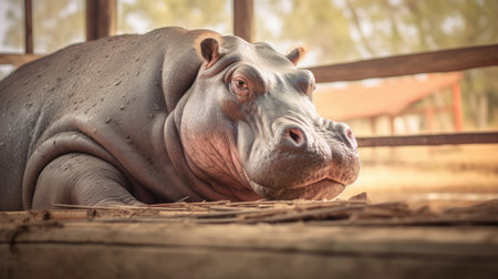 african hippopotamus resting inside a cage, captured in a powerful and emotive portraiture style. the photo showcases a solarization effect, with selective focus and ray tracing techniques used to create an emotionally charged and photo-realistic portrayal of the hippopotamus. ai generatedの素材