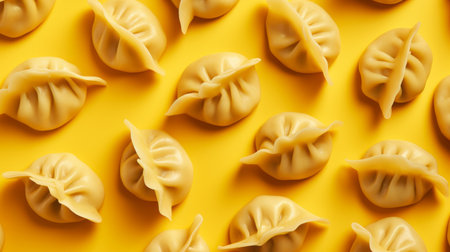 various shaped yellow dumplings are showcased in this vibrant photo. set against a yellow background, these dumplings, reminiscent of the zbrush style, are colorized with a chinapunk aesthetic. the use of kodak plus-x film adds a nostalgic touch, while the isometric composition adds depth. the dumplings appear slightly soggy, enhancing their appetizing appeal. post-processing techniques further enhance the visual impact of this delectable image. aiの素材