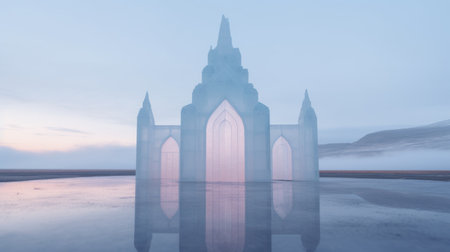 an old church, rendered in cinema4d, stands tall and bright, its white facade reflecting in the calm waters. the rococo pastel colors add a touch of elegance to the misty surroundings. buddhist art and architecture blend seamlessly with minimalist sculptures, creating a serene atmosphere. snow covers the scene, enhancing the contrast between the dark pink and azure elements. ai generatedの素材