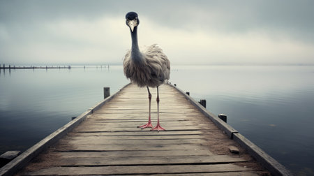 a crane gracefully strolls along a dock, captured in the style of characterful animal portraits. this photograph embodies the essence of the dusseldorf school of photography, with its post-processing techniques enhancing the pensive stillness of the scene. the wildlife art with a satirical twist adds a unique touch, while the zen-inspired atmosphere beautifully characterizes the animals. ai generatedの素材