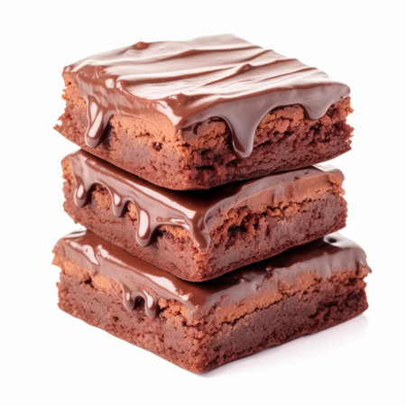 three brownies, inspired by steve henderson's style, are showcased in this photo. each brownie features a luscious layer of chocolate frosting. the composition incorporates frequent use of diagonals, creating a dynamic visual effect. monochromatic shadows add depth, while high-key lighting enhances the overall brightness. the unpolished authenticity of the brownies is evident, with their poured and stacked appearance. ai generatedの素材