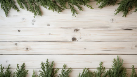 a group of pine garland hangs on a white wooden board, showcasing textured compositions and detailed backgrounds. this arrangement reflects the influence of the american studio craft movement, with its minimalistic symmetry and soft focal points. the green and gray tones create a vibrant color usage that adds visual interest to the scene. ai generatedの素材