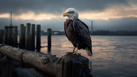 bald eagle perched on railing, showcasing atmospheric and moody lighting. this documentary-style photograph captures the majestic port of the vancouver school, depicting animals in an american tonalist manner. the strong emotional impact of the image is enhanced by the eagle's anticipation to land. ai generatedの素材