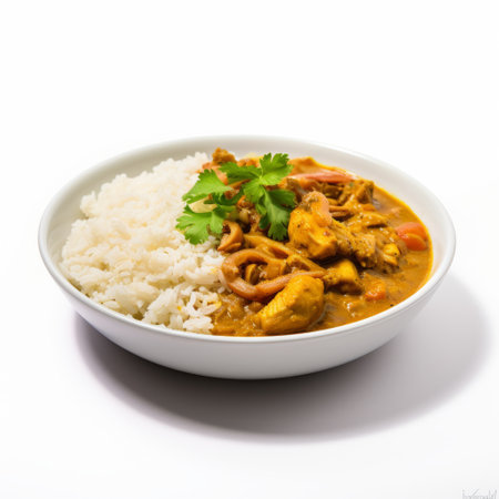 the curry dish is beautifully presented with a generous serving of rice and garnished with fragrant curry leaves. this high-resolution photo captures the dish in stunning detail, showcasing its white and brown colors. the ambient occlusion adds depth and realism to the image, while the avian-themed white and orange color scheme adds a touch of vibrancy. the photo was taken using the provia technique, resultingの素材