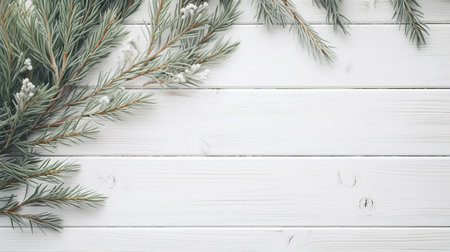 small christmas branches are beautifully arranged on a white wooden table, creating a textured and layered surface. the image showcases textured shading and nature-based patterns, with a varied texture that adds depth and visual interest. this high-resolution uhd image is captured by the talented photographer stephen shortridge and features a minimalist background. ai generatedの素材