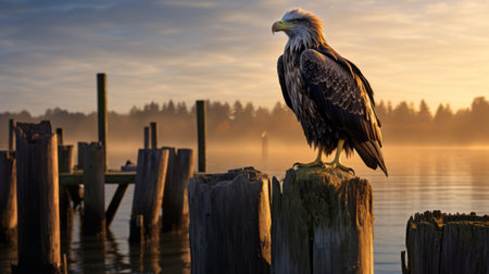 eagle perched on post on a foggy misty morning, captured by cssfx. this captivating photo, in the style of light amber and navy, showcases the majestic bird against a stunning harbor backdrop. with its 8k resolution, the image brings out the intricate details, while the sunrays shining upon the eagle add a touch of ethereal beauty. a masterpiece reminiscent of the works of george calebの素材