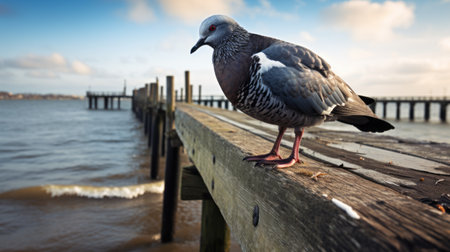 a bird perched on a wooden pier, overlooking the water. this pigeoncore-inspired photograph captures the essence of stereotype photography with its dappled lighting and dutch and flemish influences. the wide-angle lens beautifully showcases the bird against the light gray and dark crimson backdrop. shot at iso 200, this image is a stunning blend of nature and artistry. ai generatedの素材