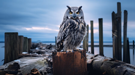 an owl perched on old rotting wood in a park by night. this documentary travel photograph captures the essence of native american, first nations, and alaska native art. the silver and gray tones add a touch of elegance to the image, while the 4k resolution brings out the explosive wildlife details. the owl's dignified poses make this photo truly captivating. ai generatedの素材