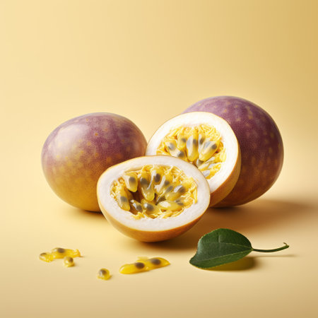 two slices of fruit, one light purple and the other light gold, are placed side by side in this captivating photograph by mike campau. the pop-inspired imagery showcases a blend of velvia colors, giving the fruits a traditional essence with an exotic twist. the combination of light gold and light amber hues adds a touch of elegance to the composition. ai generatedの素材