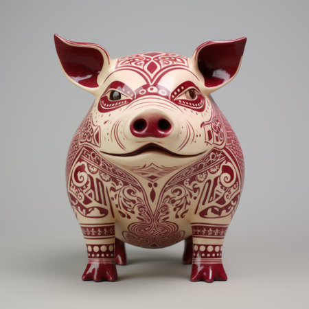 a surrealistic pig bank featuring dark crimson and light beige colors. the meticulous linework precision adds to the realistic and hyper-detailed renderings of this unique piece. inspired by the glasgow style and dau-al-set, it incorporates arabesque motifs for an intriguing aesthetic. ai generatedの素材