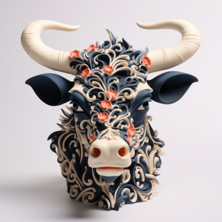 animal head in wood with floral design, featuring light navy and light bronze colors. the photorealistic composition showcases intricate details and the use of rubber material adds depth. the multi-layered composition exudes baroque extravagance, while incorporating cartoonish motifs in the kuromicore style. ai generatedの素材