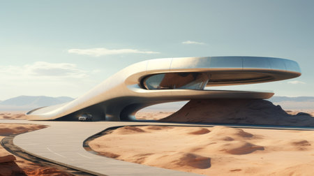 futuristic spaceship with a building on a desert landscape, showcasing the organic modernism style. this photorealistic rendering, inspired by tadao ando's designs, features smooth curves and a color palette of light silver and dark beige. captured in stunning 32k uhd resolution, this artwork by niko henrichon is a visual masterpiece. ai generatedの素材