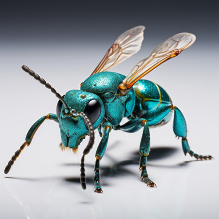 a blue and white iridescent honey bee is captured in this national geographic photo. the bee showcases a unique blend of emerald and bronze colors, resembling the style of zbrush and auto body works. its inventive character design is both playful and captivating, with hints of dark silver and green adding to its allure. ai generatedの素材